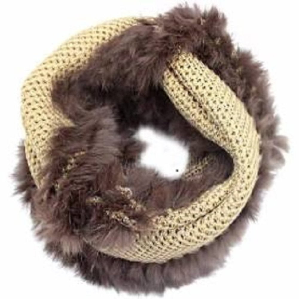LA FIORENTINA 100% GENUINE RABBIT FUR INFINITY CAMEL & BROWN GOLD METALLIC SCARF - Picture 2 of 13